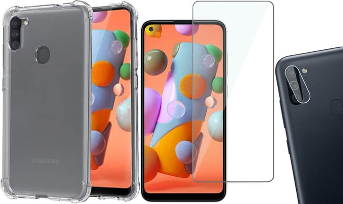 Hoesje geschikt voor Samsung Galaxy M11 - Screenprotector Glas & Camera Screen Protector - Transparant Shock Case