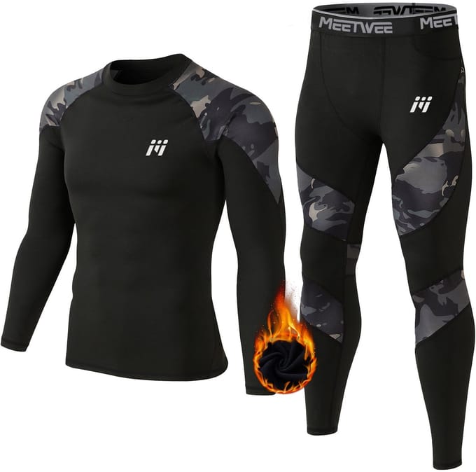 MEETHOO Thermoset - Thermo Ondergoed Heren -Zwarte camouflage-M