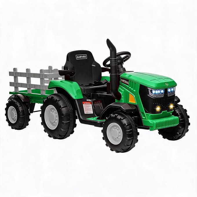 Triumpunpre - Elektrische Kindertractor 12V - Aanhanger - 6 Banden & 2 Motoren - Bluetooth & LED (Groen)