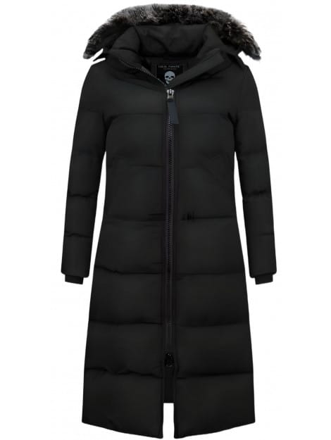 Extra Lange Winterjas Dames met Kunst Bontkraag - Zwart