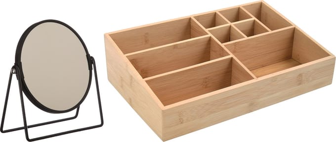 MSV Make-up organizer 9 vaks en luxe spiegel set - 33 x 21 cm - bamboe/metaal - bruin/zwart
