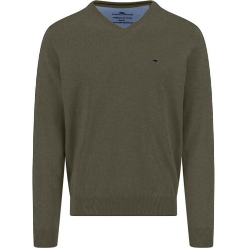 Fynch-Hatton Trui Solid Color Superfine 3-Ply Cotton V-Neck Donker Khaki / male