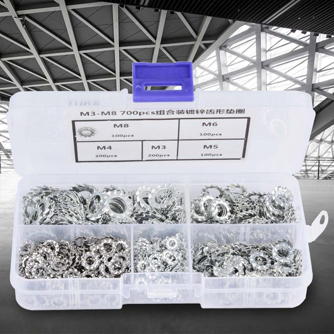 700pcs Galvanized Serrated Toothed Lock Washer Flat Set Fastening Tool M3 M4 M5 M6 M8