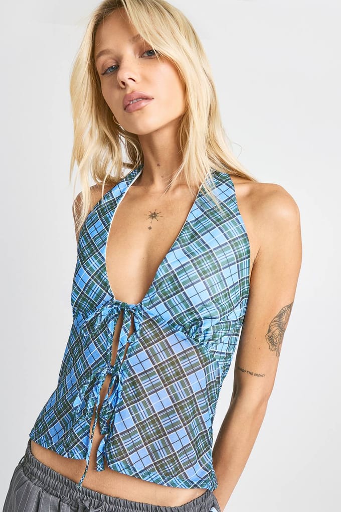 boohoo Dames Printed Mesh Halterneck Tie Front Top | Blue | Maat: 10