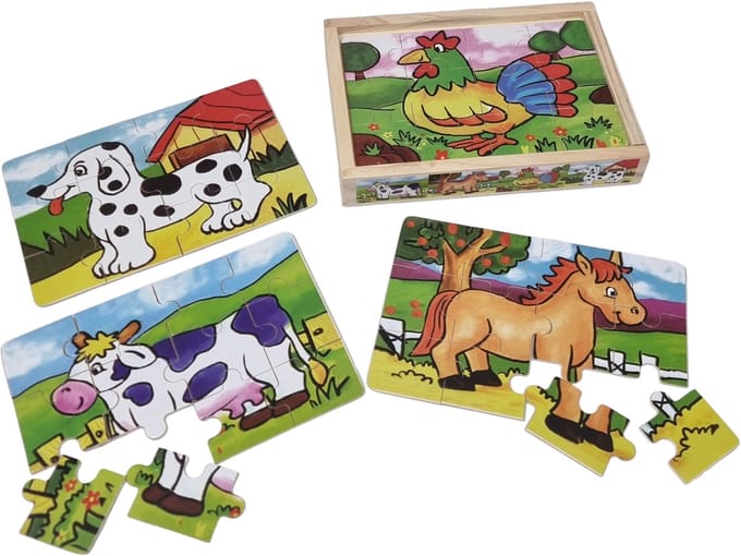 Houten puzzel in kistje 4x dieren