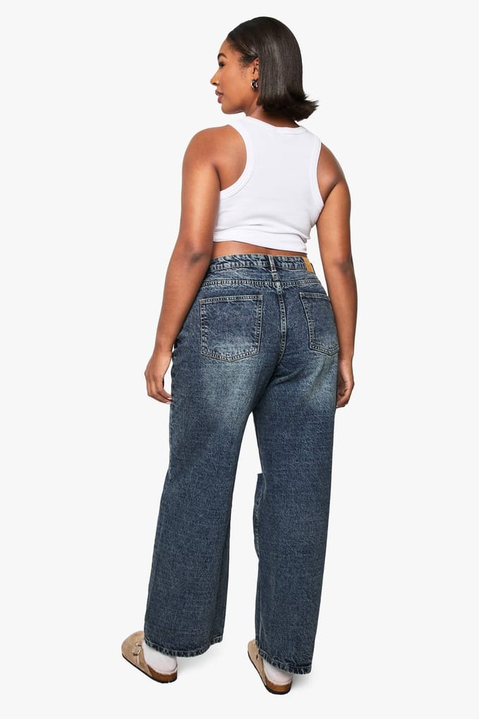 boohoo Dames Plus Basics Ripped Knee Boyfriend Jeans | Vintage Blue | Maat: 16