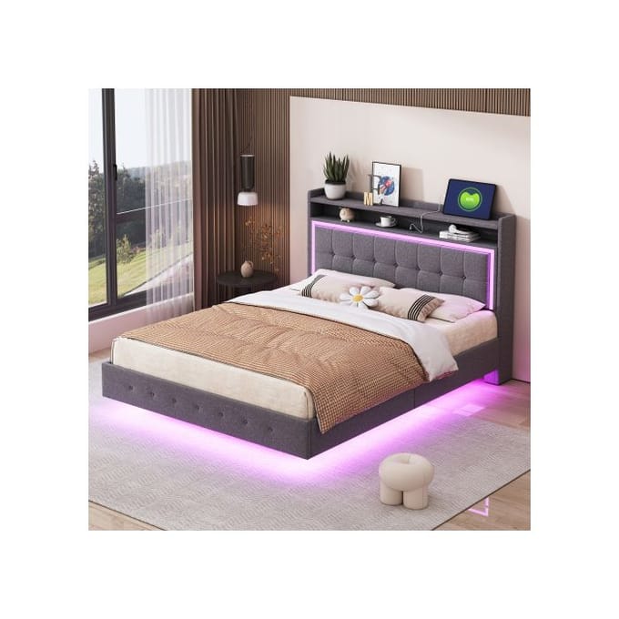 Lit rembourré - MUVOE - 140x200 - Prise USB - Éclairage LED - Tissu lin gris gris