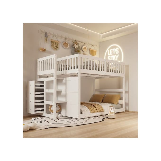 Lit superposé bas140 x 200 cm, lit superposé de sécurité avec compartiment de rangement, design clôture haute, lit en bois,blanc wit