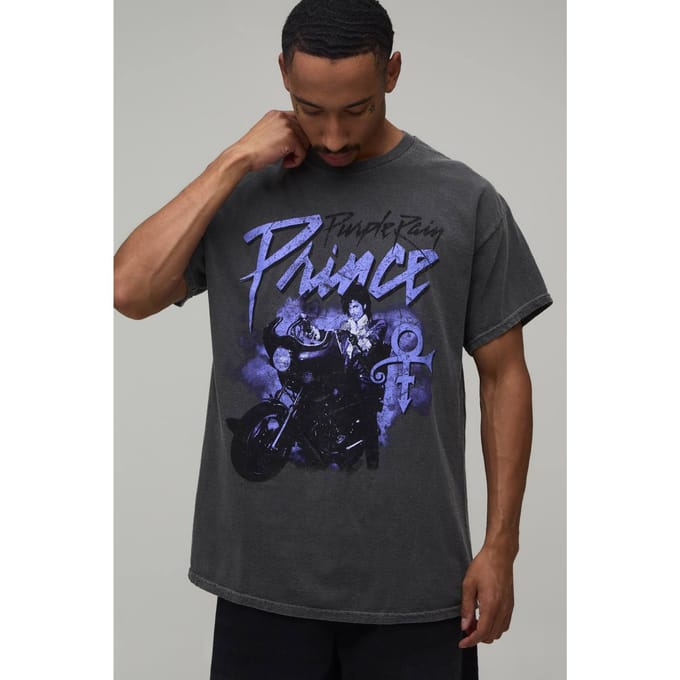 Gewassen Oversized Purple Rain Prince Licentie Print T-shirt | Washed Charcoal | Size Small