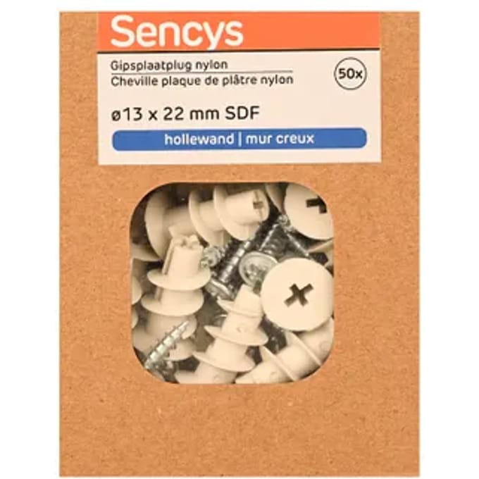 Sencys Zelfrijdend Plug Voor Gipsplaat Nylon - Diam. 13x22mm - 50 Stuks