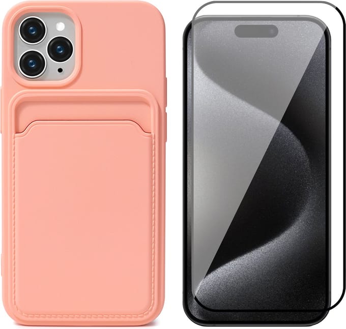 Hoesje Pasjeshouder geschikt voor iPhone 15 Pro - Screenprotector FullGuard - Siliconen Case Back Cover Roze & Screen Protector