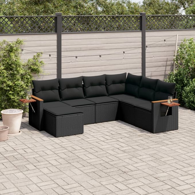 vidaXL - 7-delige - Loungeset - met - kussens - poly - rattan - zwart