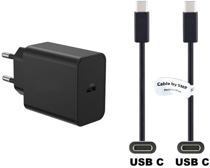 OneOne 45W super snellader en screenprotector van glas voor iPhone 16 Plus. Oplader met sterke 0,5m USB C naar C kabel. Krachtige zwarte PD PPS lader adapter. Screenprotector past op Apple iPhone 16 Plus