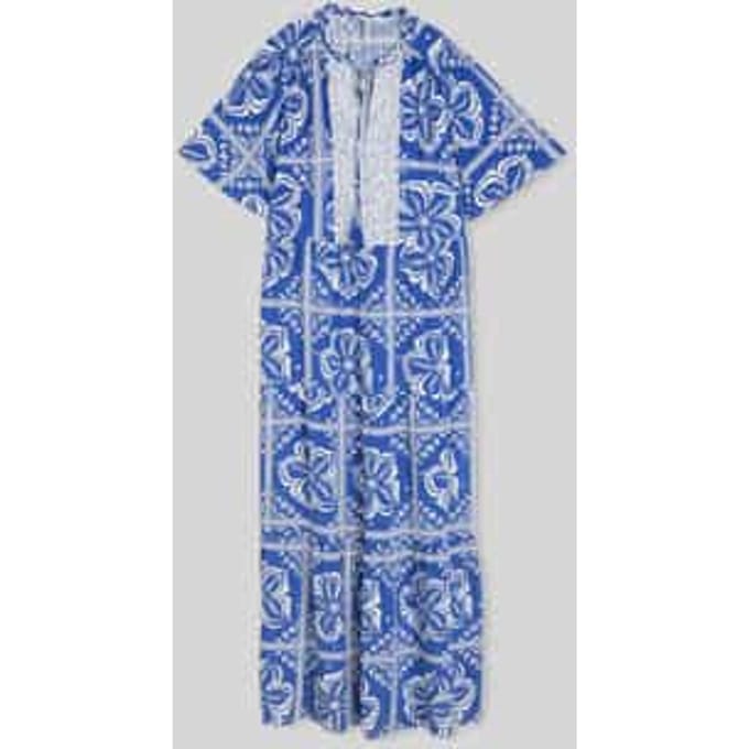 Tom Tailor - Losvallende maxi-jurk met patroon - Maat 34 - blue flower tile design