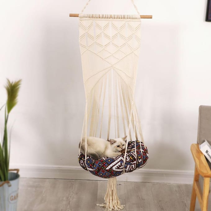 Hamac Chat Macramé Suspendu Lit Tissé pour Chat Décoration Murale Macramé beige