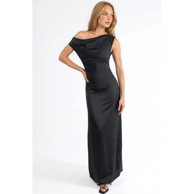 Asymmetrische Kraag Bodycon Satijnen Maxi Jurk