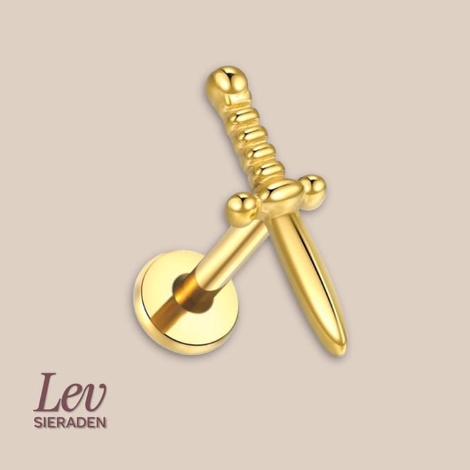 Lev Sieraden - Goud kleur 1.2 Titanium Push Pin Labret met Dolk , lip oor helix piercing