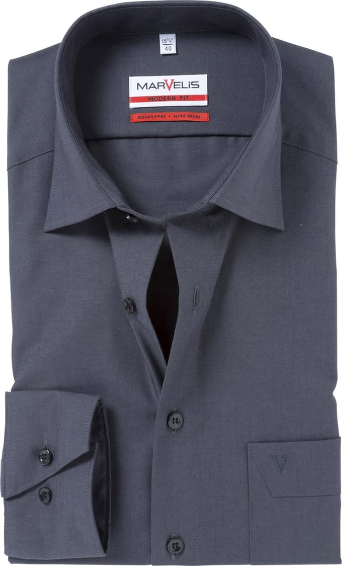 MARVELIS modern fit overhemd - antraciet grijs - Strijkvrij - Boordmaat: 44 (EU maat: XL)
