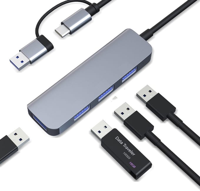 Dubbele USB-C- en USB-A-hub met 1 USB3.0-poort en 3 USB2.0-poorten