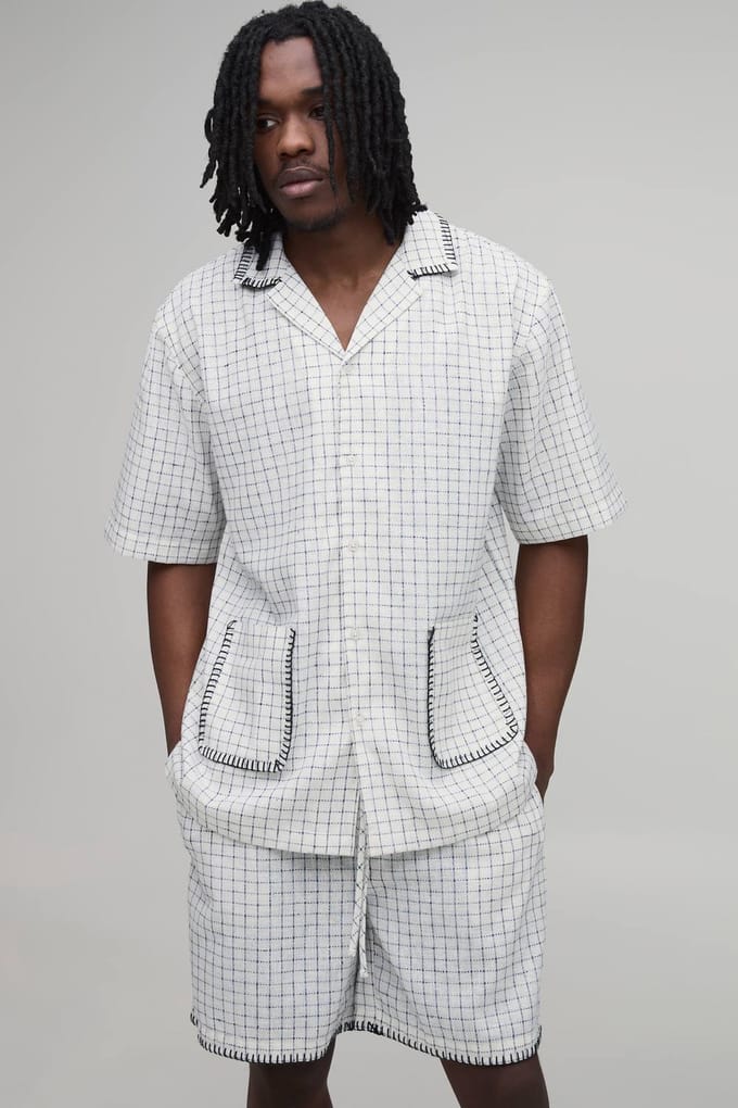Tall Windowpane Check Blanket Stitch Oversized Short Sleeve Shirt & Baggy Short Set | White | Size Medium