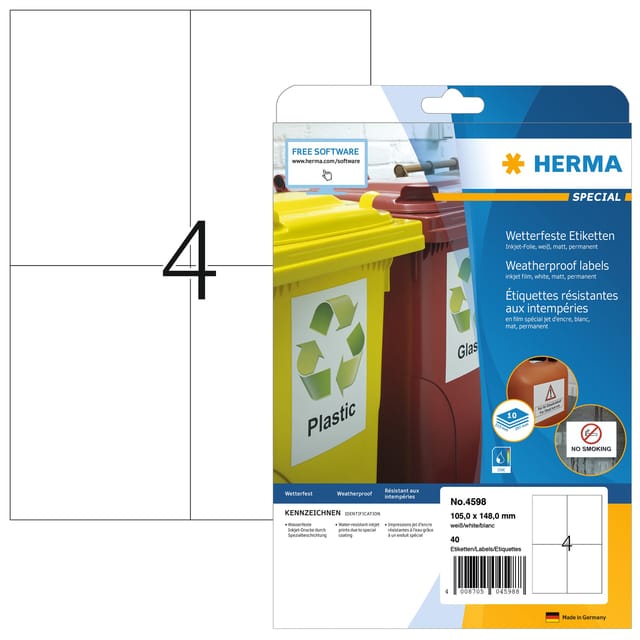 HERMA Etiket 4598 105x148mm A4 folie wit 40stuks