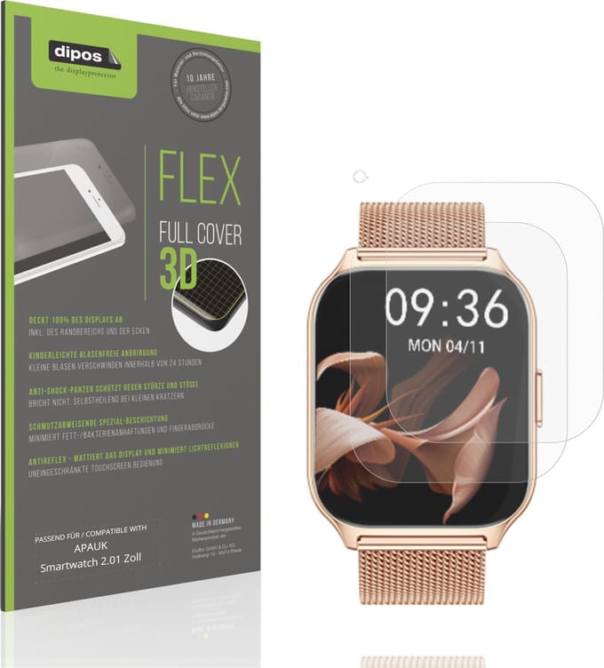 dipos FLEX – 2x Matte Screenprotector geschikt voor APAUK Smartwatch 2.01 Zoll | Volledige Schermbescherming | Case-Friendly