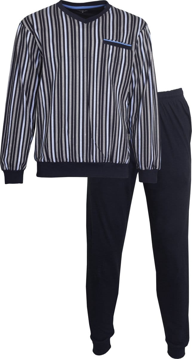 MEQ Heren Pyjama - 100% Katoen - Verticale Strepen - Zwart - Maat S