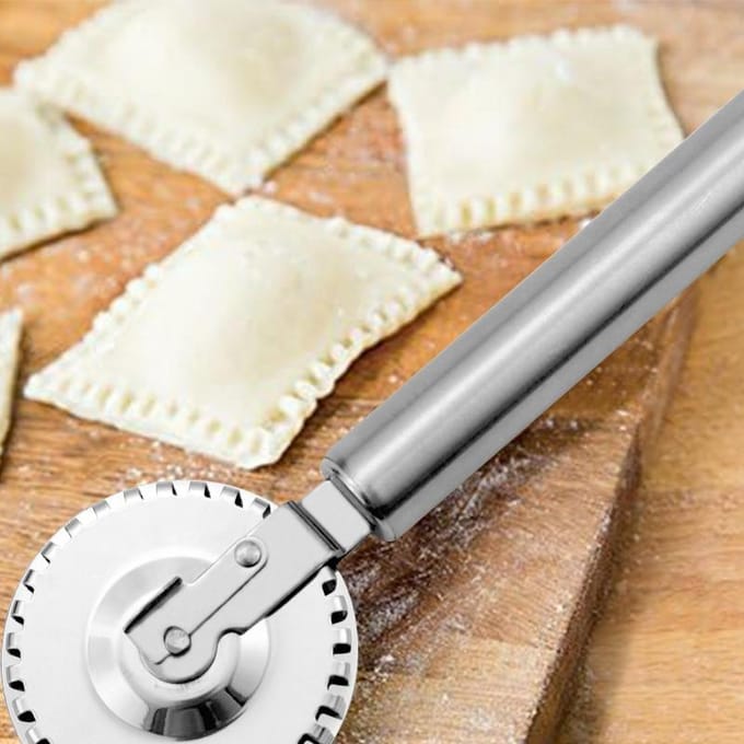 Roestvrijstalen Deegroller Randafdichting Embossingsmes Taartvulling Dumpling Dubbelzijdig Rollend Kantensnijmes zilver