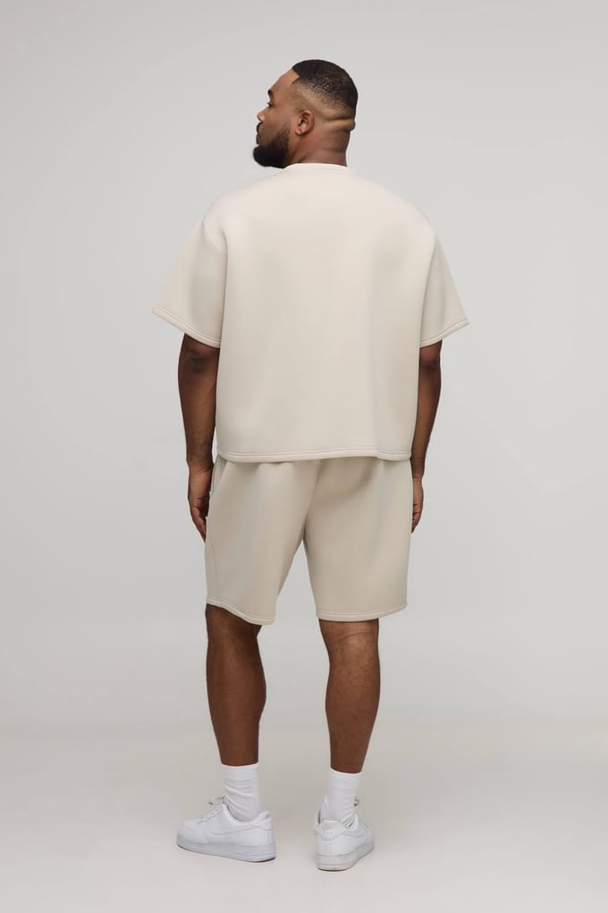 Plus Oversized Boxy Bonded Scuba T-Shirt & Relaxed Short Set | Stone | Size 5XL