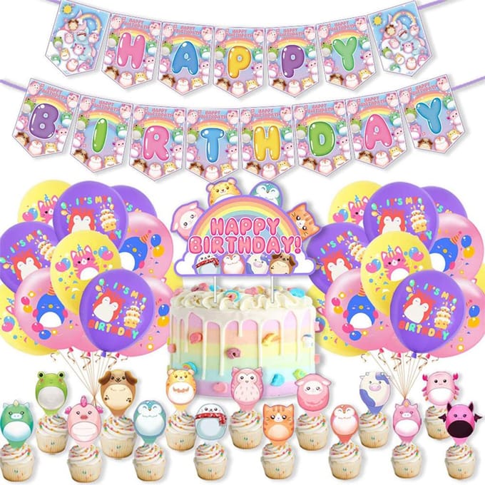 37 stuks Squish Mallows feestdecoraties inclusief Cake Toppers bannerballon pink