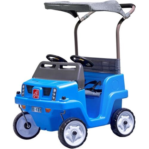 Step2 looppauto Side-By-Side Push Around SUV in Blauw - Duwauto voor 2 kinderen - Luifel voor schaduw - Loopauto met duwstang & luifel - Voor kinderen vanaf 2 jaar