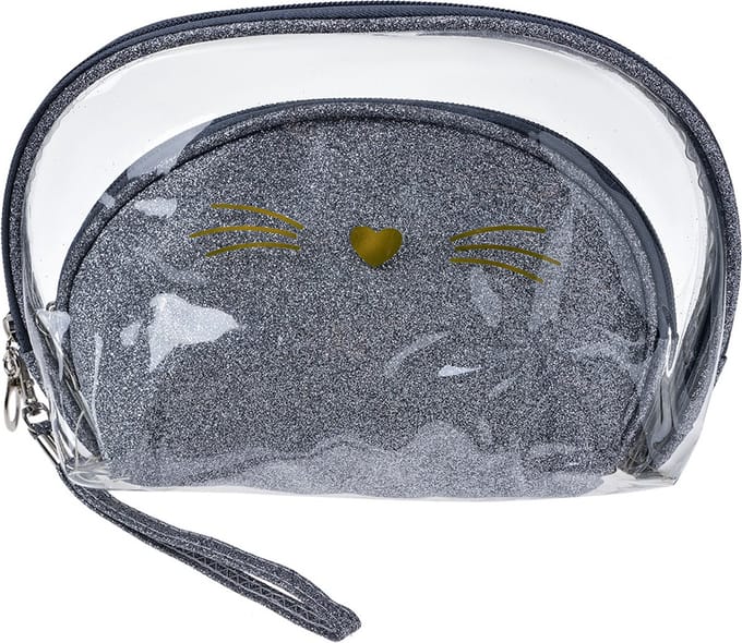 Juleeze Toilettas Dames Set van 2 24x15 / 19x12 cm Zilverkleurig Polyurethaan Kat