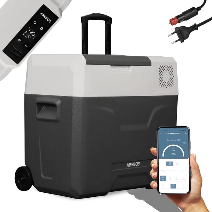 AREBOS Compressor Koelbox - Koelbox Elektrisch 12V 230 Volt - Koelbox Auto - 47L - Temperatuurregeling via APP of LCD-touchscreen - met wielen