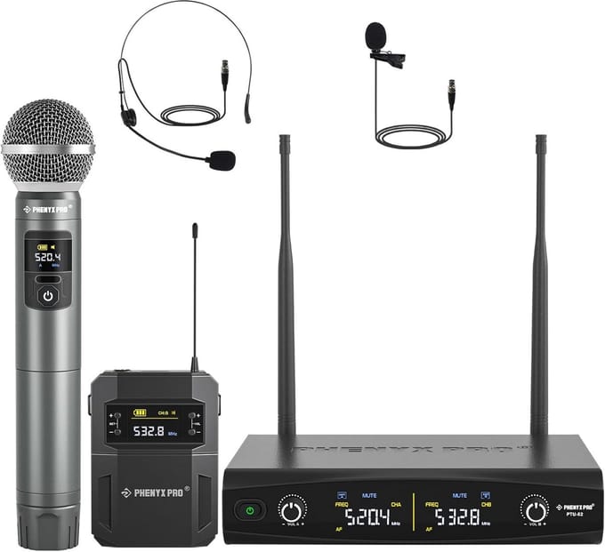 Draadloos Microfoonsysteem Met 2 Kanalen - UHF Microfoonset Inclusief Hand, Headset & Reversmicrofoon
