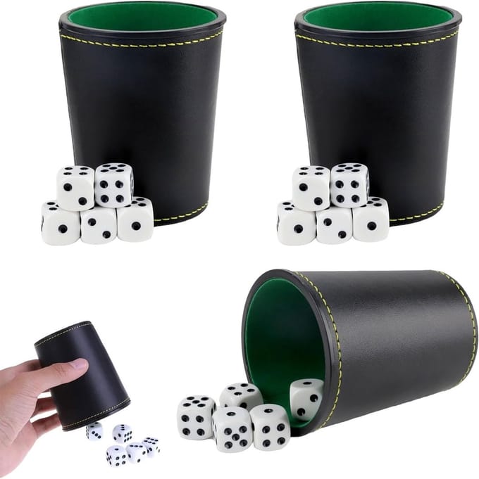 Set van 3 Leren Dobbelbekers met 15 Dobbelstenen voor Puzzels en Spellen