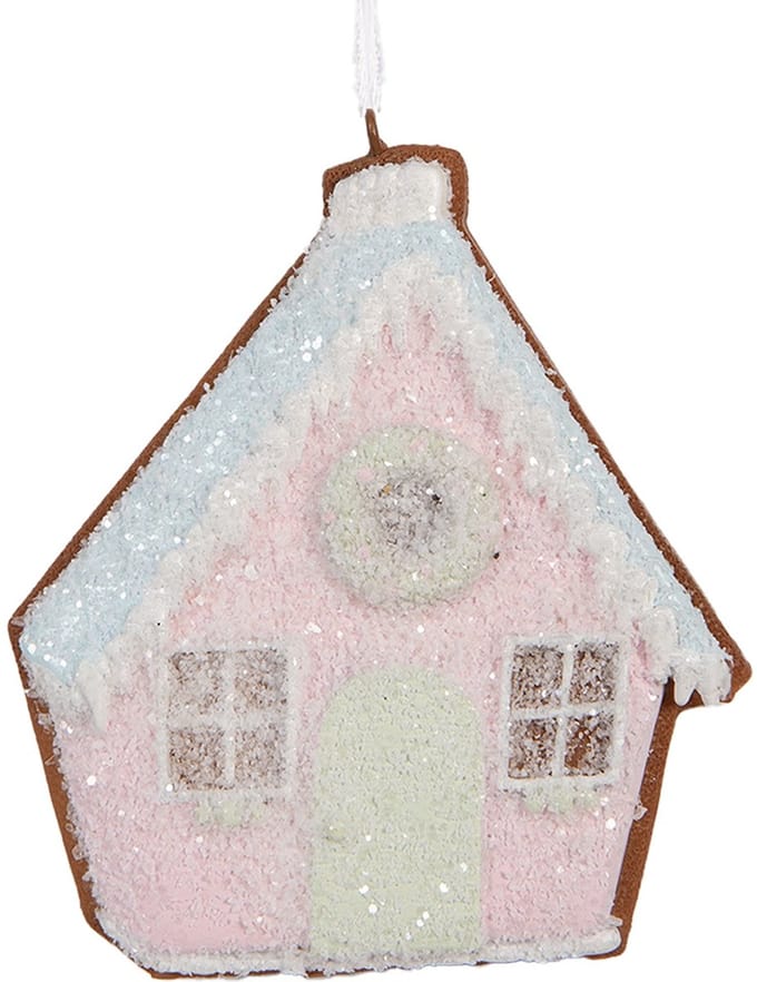 Clayre & Eef Kersthanger Gingerbread house 9x1x10 cm Roze Blauw Kunststof