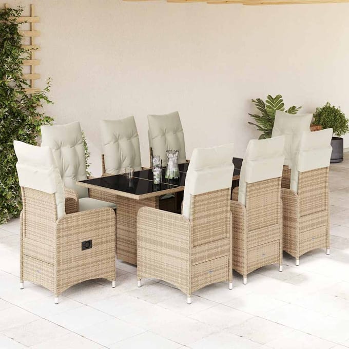 vidaXL - 9-delige - Bistroset - met - kussens - poly - rattan - beige