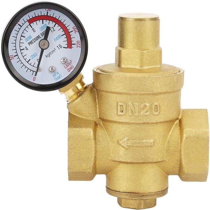 Messing verstelbaar waterdrukreductieventiel DN20 met manometer - Waterdrukregelaar met drukmeter van messing