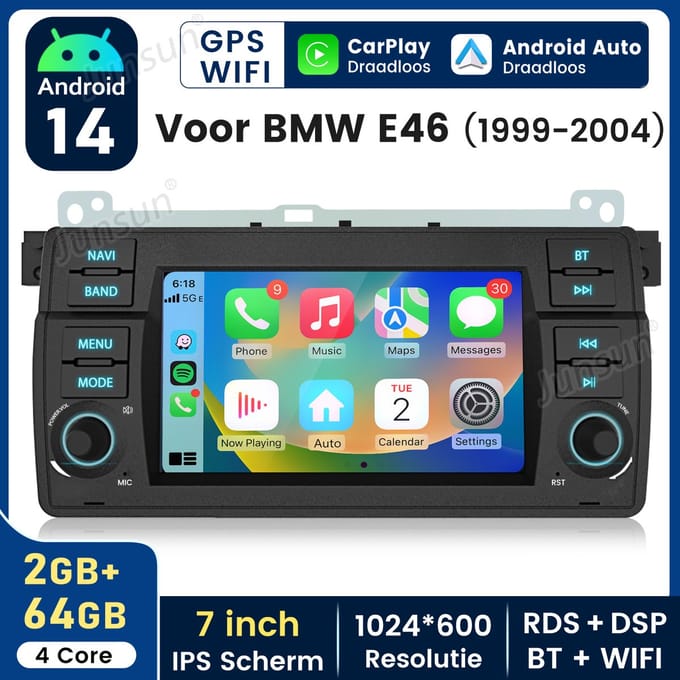 HEXINEX Aautoradio Geschikt voor BMW E46 - Draadloos CarPlay, Android Auto, multimediaspeler, 2GB+64GB