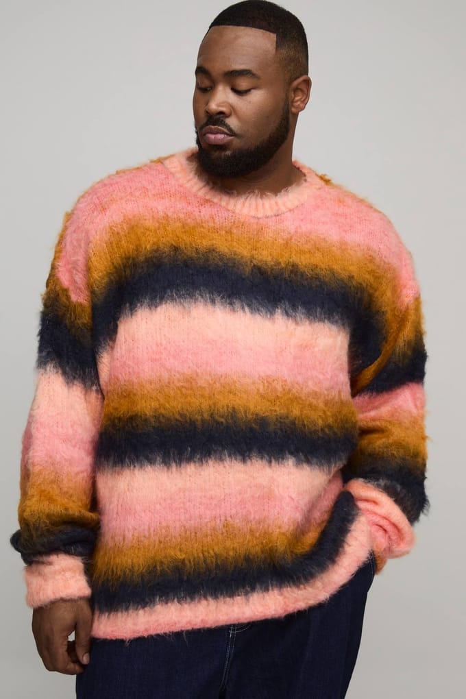 Plus Boxy Oversized Geborstelde Streep Gebreide Trui | Pink | Size 2XL