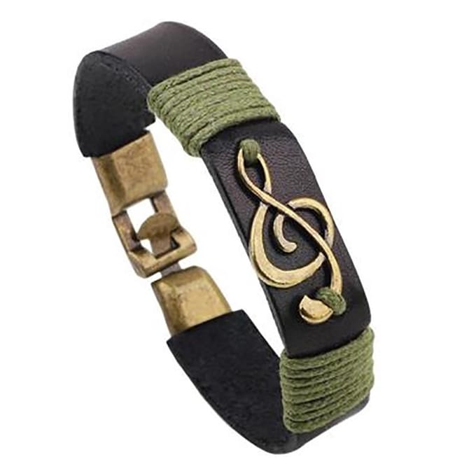 Groen lederen armband met metalen vioolsleutel