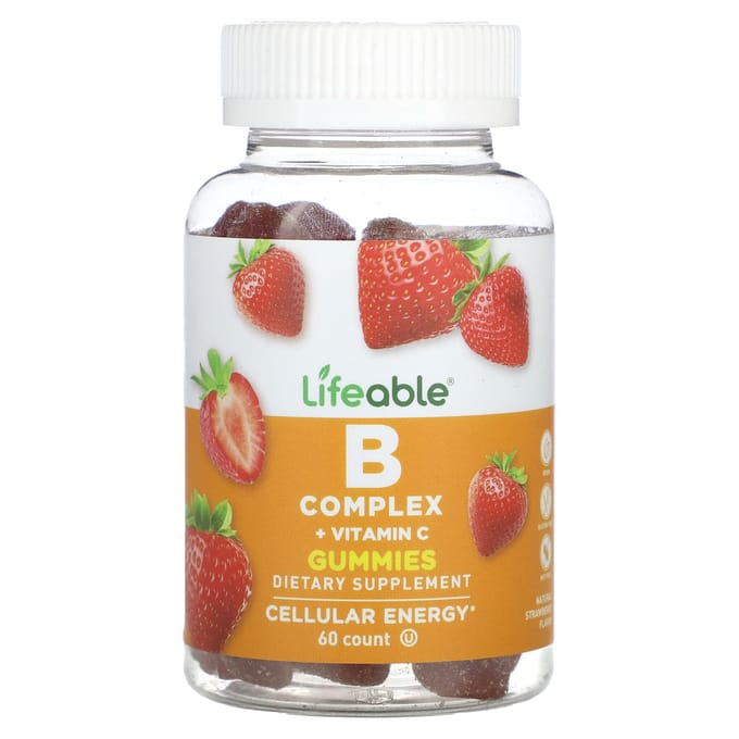 Lifeable, gommes au complexe B et à la vitamine C, arôme naturel de fraise, 60 gommes