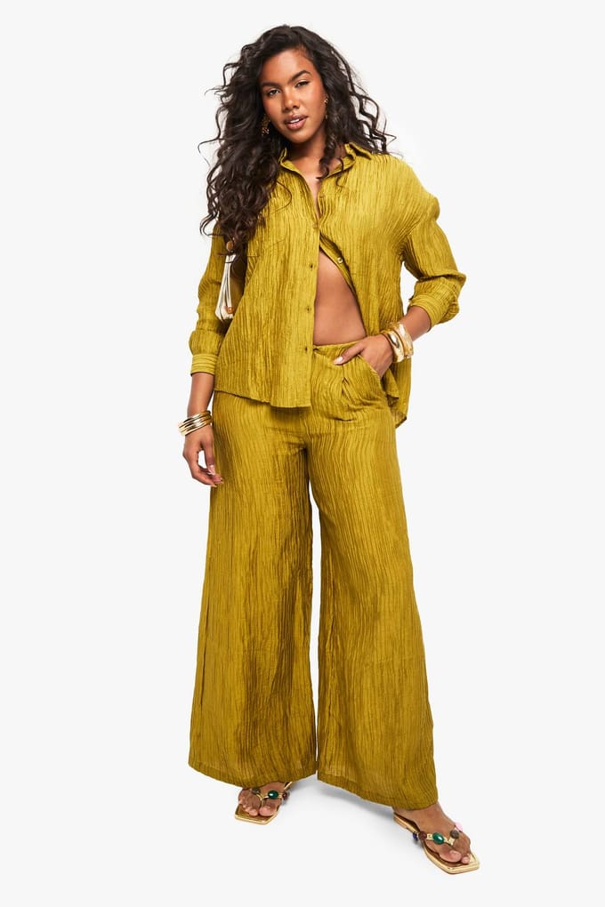 boohoo Dames Geweven gerimpelde wijde broek | Olijf | Maat: 38