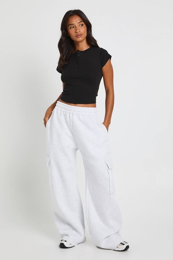 boohoo Dames Petite cargo joggers met wijde pijpen | Asgrijs | Maat: Medium