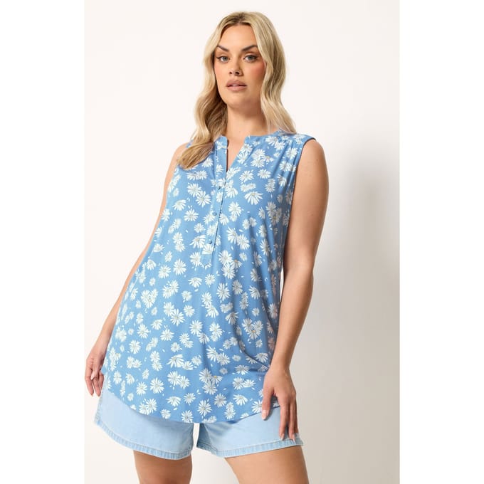 Yours Blauwe Mouwloze Blouse Met Madeliefjes Size 48