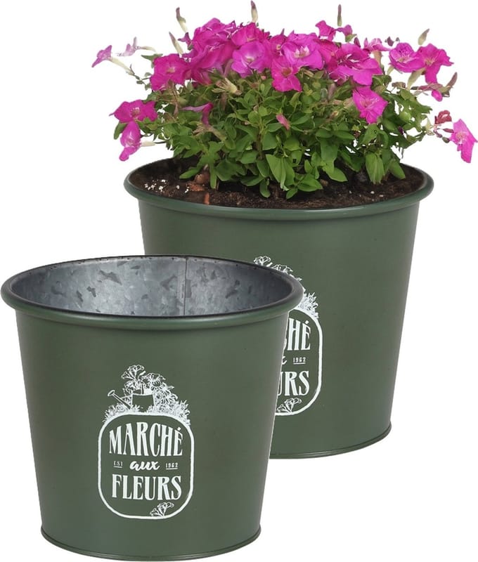 Sunnydays /plantenpot/bloempot - 2x - zink - legergroen - D19 x H16 cm