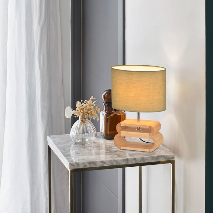 COREP Tafellamp Oslo, licht/licht hout, hoogte 30 cm, katoen/hout