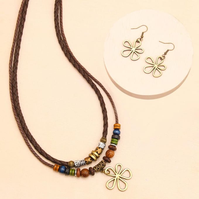 Trendy Persoonlijkheid Boheemse Kralen Wax Touw Ketting Trui Ketting Mode Oorbellen Ketting Set black