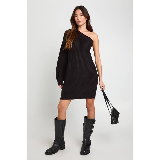 boohoo Dames Gebreide One Shoulder Mini Jurk | Zwart | Maat: Small