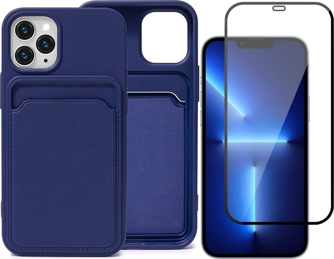 Blauw Pasjeshouder Hoesje geschikt voor Apple iPhone 13 Pro Max - Screenprotector Glas - Case met Pasjeshouder